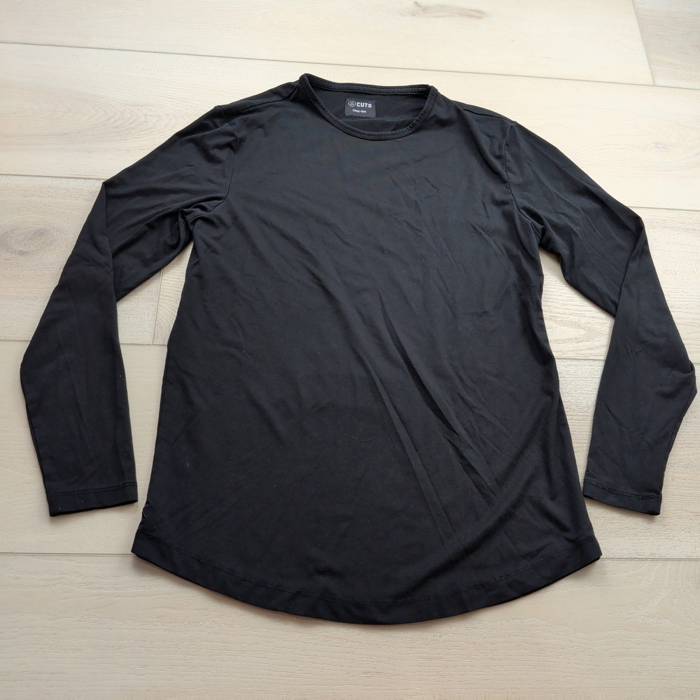 Cuts Curve-Hem Long Sleeve Shirt Mens Black Crew Neck Tailored Fit Medium